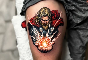 Thor’s red cape flowing in the wind, with Mjölnir spinning above his open palm, creating a vortex of energy, in cinematic full color with glowing white streaks. tattoo idea