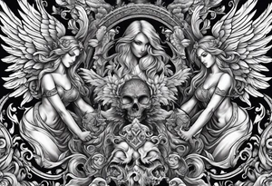 Angels fighting demons over fire with skuls in the background tattoo idea