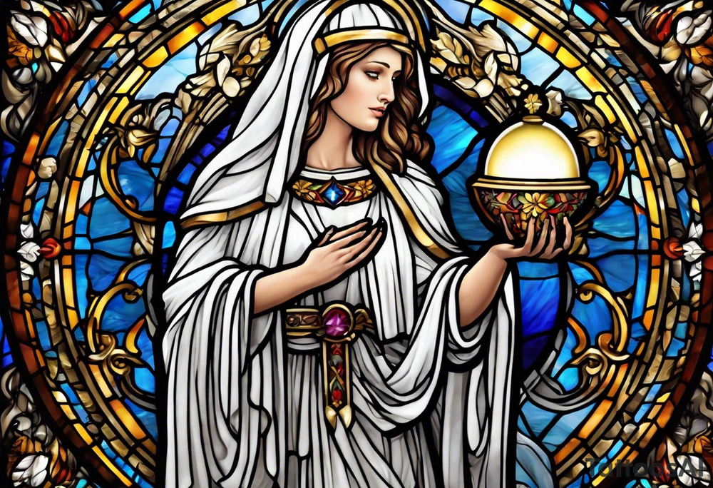 holy saint woman with halo stained glass holding a chalice with artillery tattoo idea