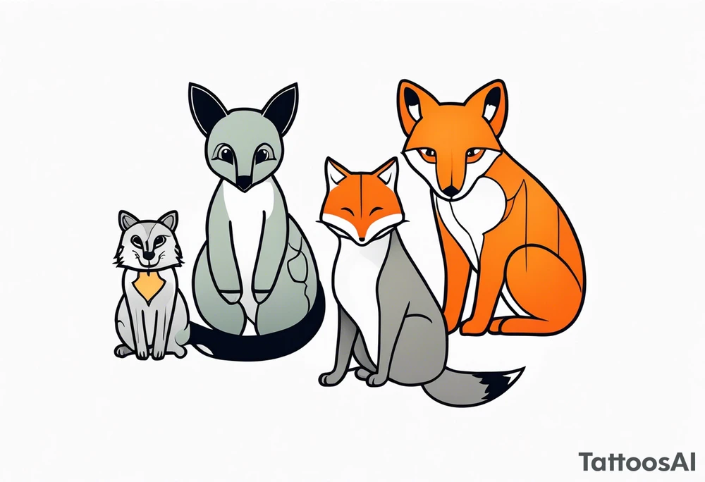 Tattoo incorporating a turtle, a fox, a koala, and a cat in one tattoo. tattoo idea