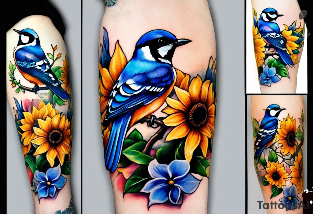 A lower forearm sleeve full colour coming down from a bicep with flowers joined with honeycombs, Mandela flowers, sunflowers, chickadee bird, blue Jay, humming bird, and owl.  Sweet pea and honey suckle flowers. tattoo idea