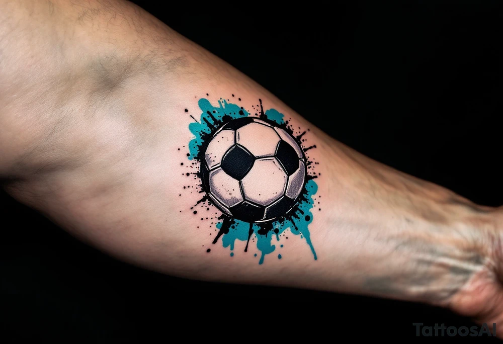A small behind-the-ear soccer ball tattoo in black with a splash of teal paint. tattoo idea