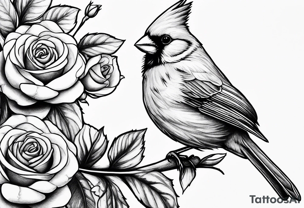 Masculine, cardinal on branch, roses, realistic, upper arm, black and white tattoo idea