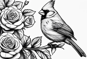 Masculine, cardinal on branch, roses, realistic, upper arm, black and white tattoo idea