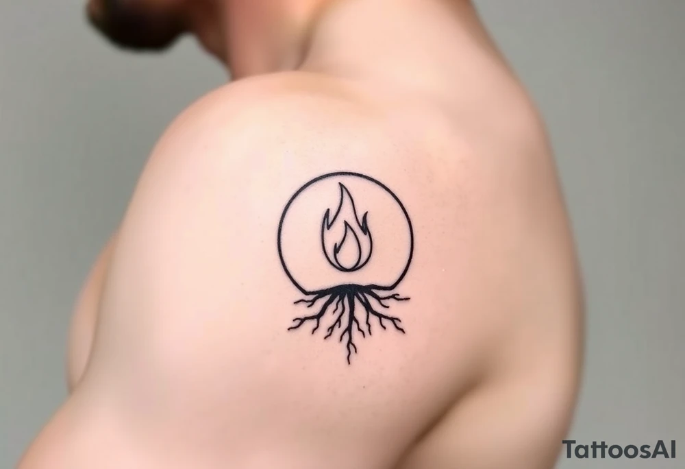 a flame imprisoned in roots circle tattoo idea