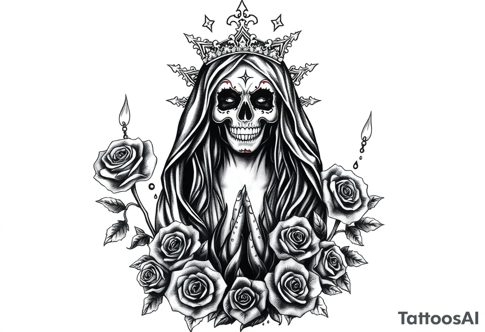 Powerful and evil Santa muerte rising from the flames and ashes of hell, surrounded by unclaimed souls and roses tattoo idea