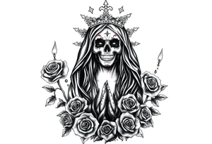 Powerful and evil Santa muerte rising from the flames and ashes of hell, surrounded by unclaimed souls and roses tattoo idea