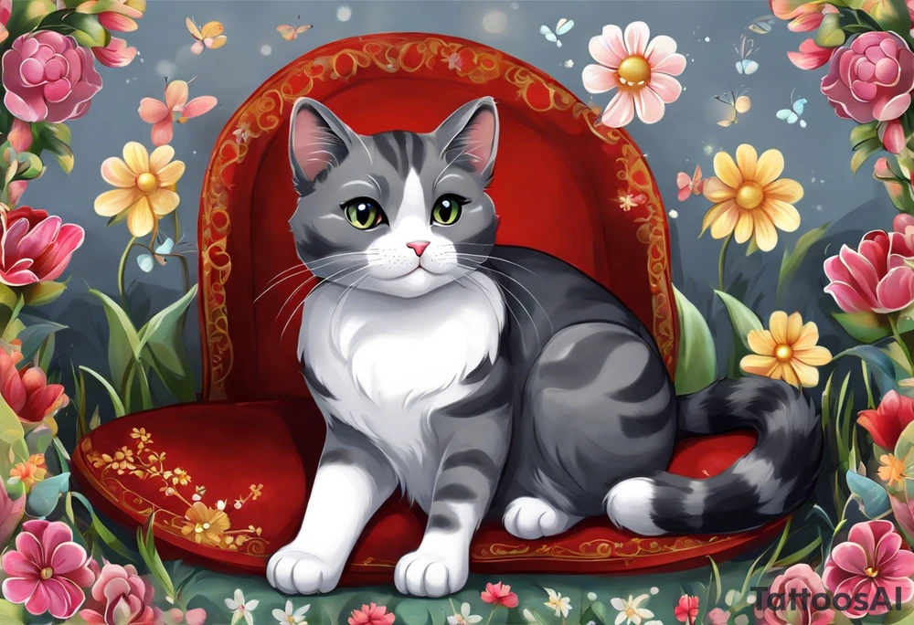 Grey and white cat. She has mostly grey body, larger white patches on her belly, all four paws are white, and a small little white moustache. White whiskers. She is on the larger side for a cat. I want the tattoo to reflect her sweet personality. She loved sunshine and flowers. She is recently passed away and I would like a memorial tattoo of my sweet baby cat. tattoo idea
