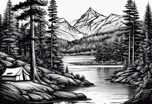 Pine forest with a river, a small tent with a campfire tattoo idea