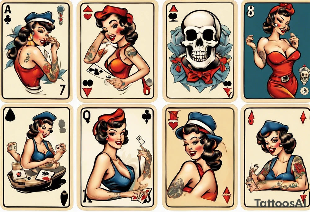 pinup girl, playing cards, traditional flash, 8ball, skull, dice tattoo idea