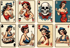 pinup girl, playing cards, traditional flash, 8ball, skull, dice tattoo idea