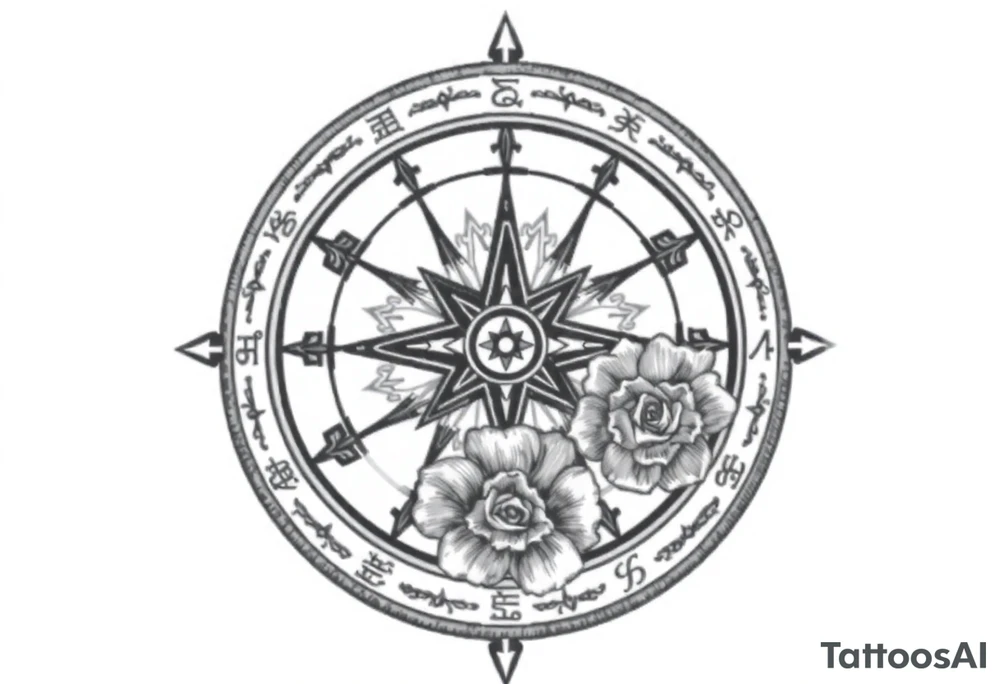 zodiac symbols the elements and Norse runes within ornate compass with roses lilly sunflowers tattoo idea