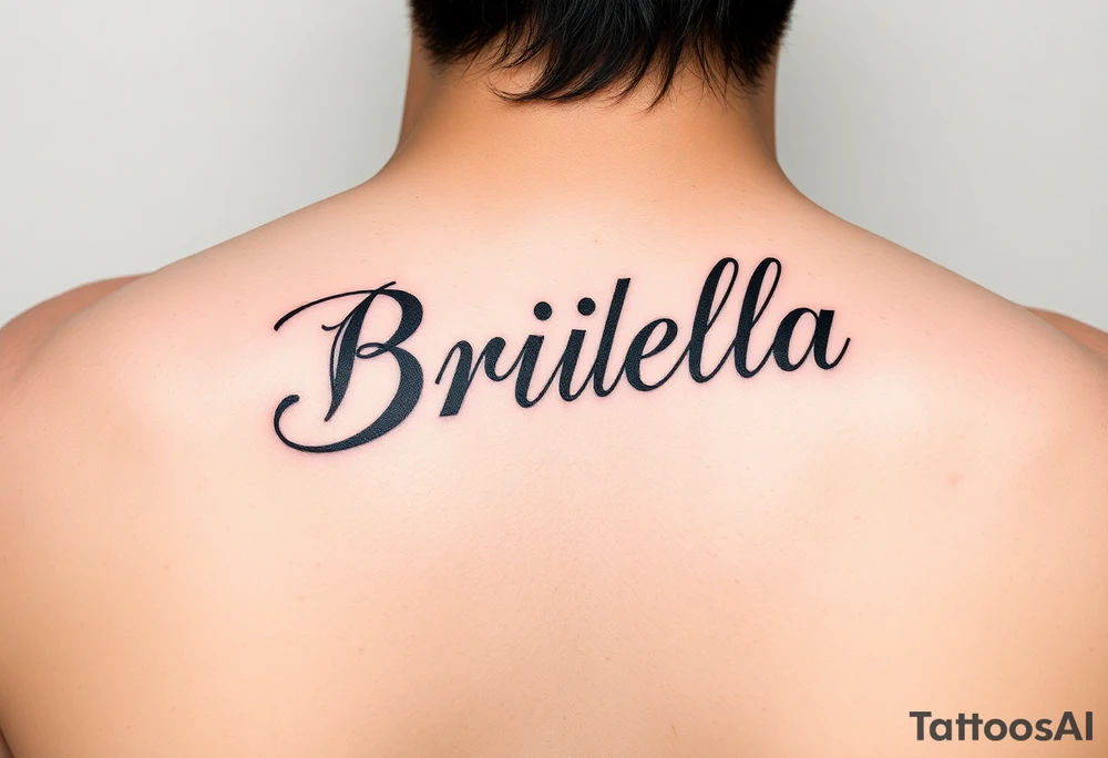 "Briella" in gangster gothic font on hand along thumb tattoo idea