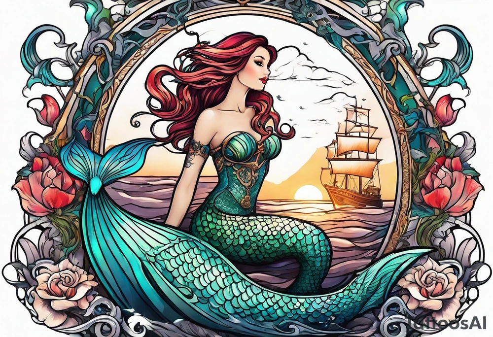 mermaid with galleon ship tattoo idea