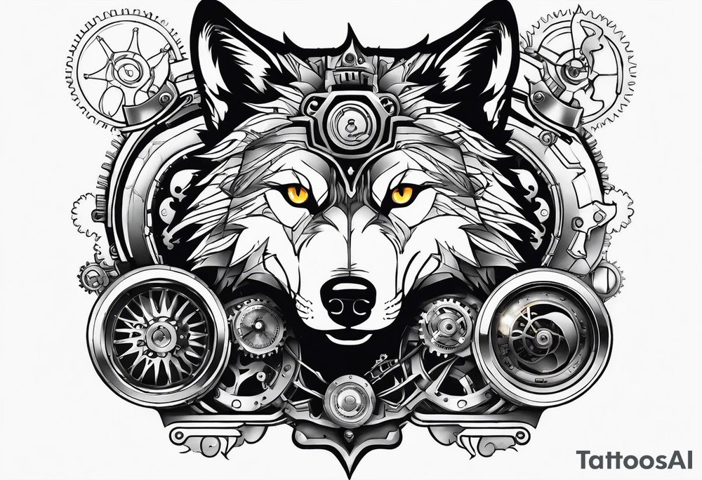 Powerful wolf powered by an engine featuring an "steampunk desing" in the image appears a psiton and a turbo, also the dseign must be vertical tattoo idea