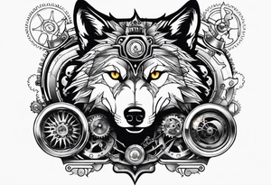 Powerful wolf powered by an engine featuring an "steampunk desing" in the image appears a psiton and a turbo, also the dseign must be vertical tattoo idea