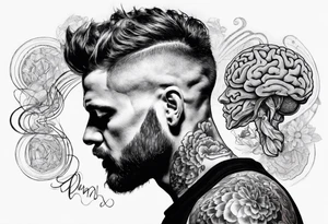 Man’s head open with brain thoughts and ideas visible portrait tattoo idea
