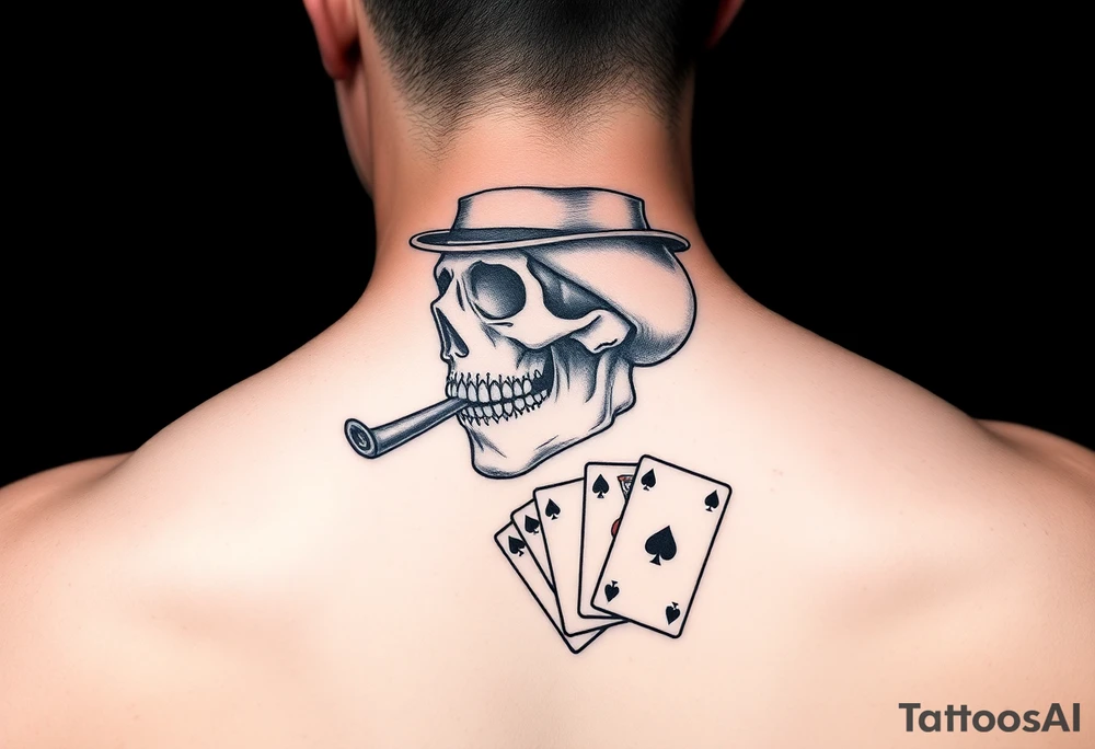 skull with mustache, cigar in his mouth,top-hat on his head and playing cards in his hand. tattoo idea