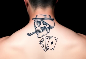 skull with mustache, cigar in his mouth,top-hat on his head and playing cards in his hand. tattoo idea