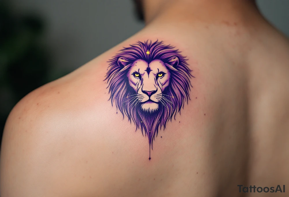 The Leo zodiac symbol in gold at the heart of a purple-hued lion formed by fine white star constellation lines across the shoulder blade. tattoo idea