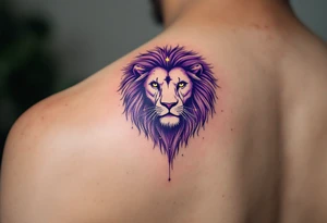 The Leo zodiac symbol in gold at the heart of a purple-hued lion formed by fine white star constellation lines across the shoulder blade. tattoo idea