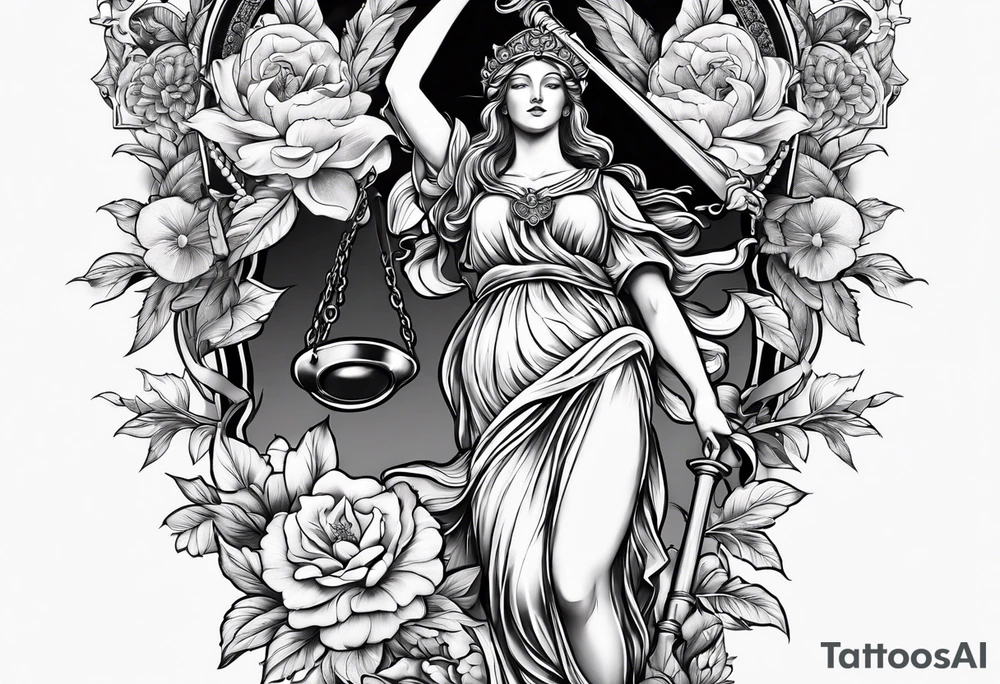 Sleeve with lady justice and flowers tattoo idea