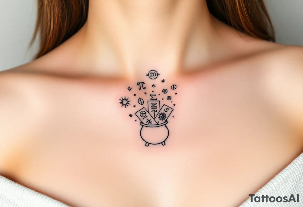 Milky way galaxy filled with zodiac symbols runes tarot cards coming out of a cauldron tattoo idea