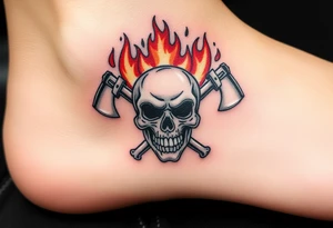 A flaming skull with firefighter axes crossed behind it, with deep reds, oranges, and glowing embers for a bold, intimidating design tattoo idea