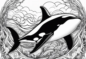 transient orca, flowing body, wrapped in kelp, smooth tattoo idea