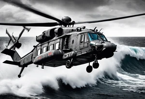 Canadian military grey CH-148 Cyclone helicopter soaring low over rough, ocean waves. In the background, a poppy be prominently displayed tattoo idea