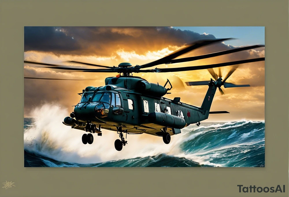 A cinematic-style tattoo depicting a Canadian military CH-148 Cyclone helicopter performing a daring maneuver over a turbulent ocean. The sky should be filled with dramatic clouds, and the sun should be setting, casting long shadows. The helicopter should be the main focus, with intricate details and a sense of motion. In the background, a poppy should be prominently displayed, and a quote from 'Lest We Forget' should be included, black and white tattoo tattoo idea