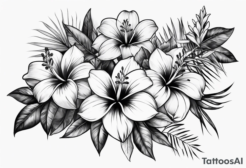 Tropical flower leaves tattoo idea
