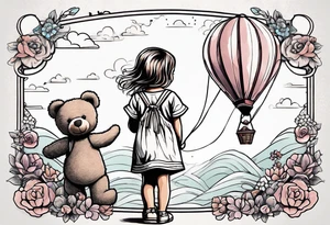 back image of a little girl in a dress, flying a kite, a teddy bear in overalls, standing beside her tattoo idea