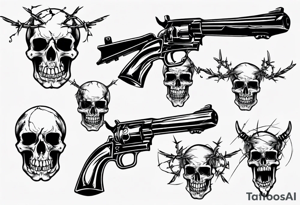 Skulls, barbed wire, guns tattoo idea