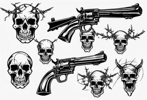 Skulls, barbed wire, guns tattoo idea