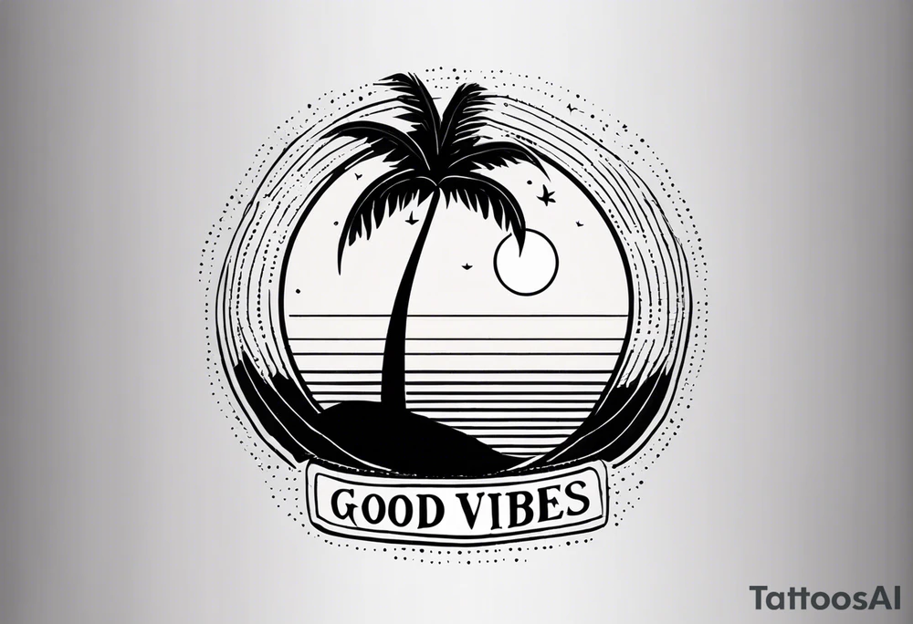 a minimalist tattoo of a sun and a palm tree with the words good vibes below it, make it only very small and keep the sun and palm tree minimal as well and make it look like silhouettes use only lines tattoo idea