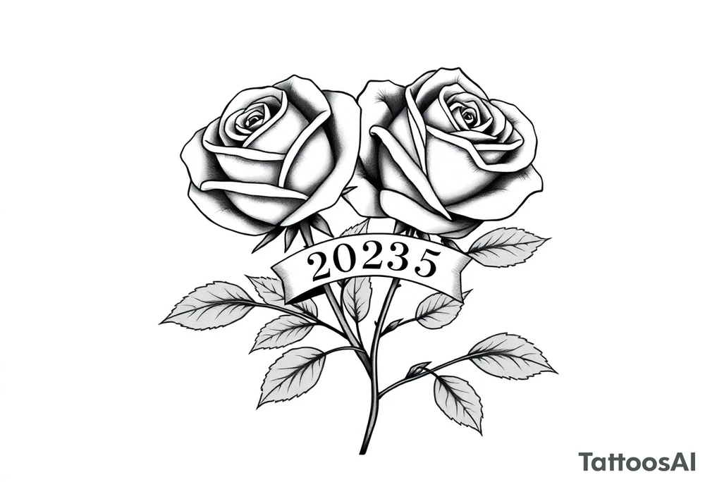 two beautiful large rose buds, one larger than the other, with many leaves next to the rose buds, with one sitting higher than the other. Include a banner connecting the two roses with the year "2025" on it.   Use dark outlines with little shading. The two stems should be short, not long, and connect and join into one stem, whimsically curved or twisted - not straight down. tattoo idea