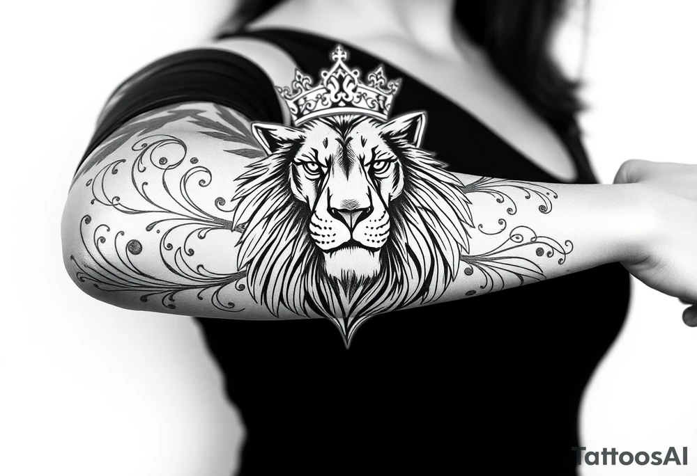 majestic lion wearing ornate crown, surrounded by baroque flourishes tattoo idea