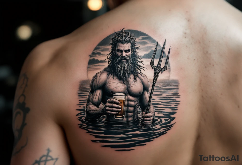 young, happy, fit poseidon in calm water, holding a trident, drinking a beer, with sunset tattoo idea