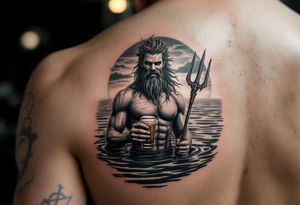 young, happy, fit poseidon in calm water, holding a trident, drinking a beer, with sunset tattoo idea