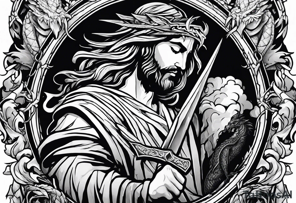 Jesus stabbing a dragon in the heart with a spear tattoo idea