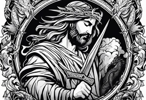 Jesus stabbing a dragon in the heart with a spear tattoo idea