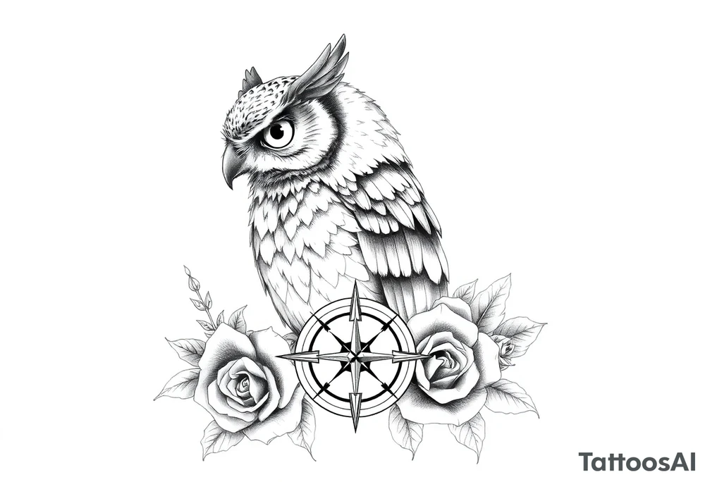 an owl,compass,roses, tattoo idea