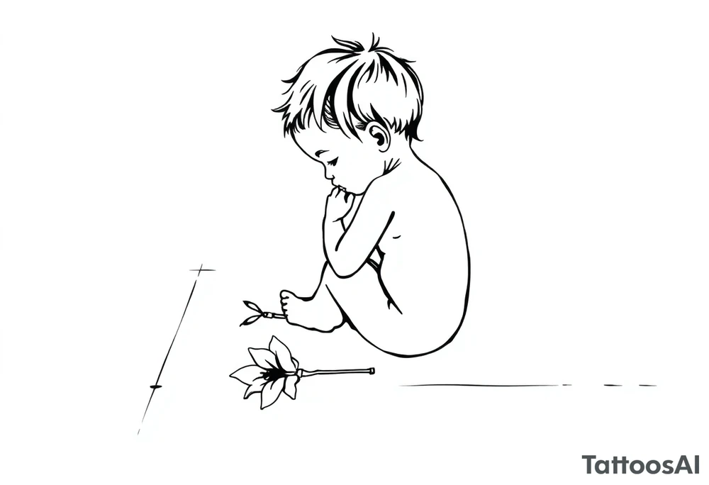 A simple tile floor with a minimalist outline of a curled child sitting on the floor with a lily next to her tattoo idea