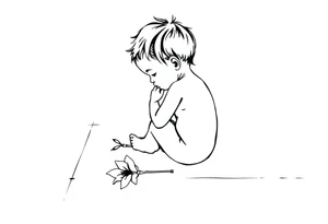 A simple tile floor with a minimalist outline of a curled child sitting on the floor with a lily next to her tattoo idea