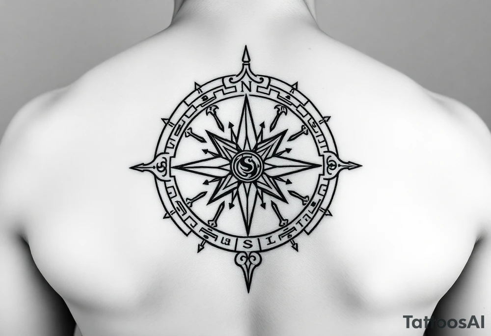 Create a line work Viking compass using symbols for protection, wisdom, and knowledge from both the Aztec and Viking cultures. Make the image very simple and able to print. Outline only not a lot of thick black use elder futhark runes for protection, wisdom and luck. tattoo idea