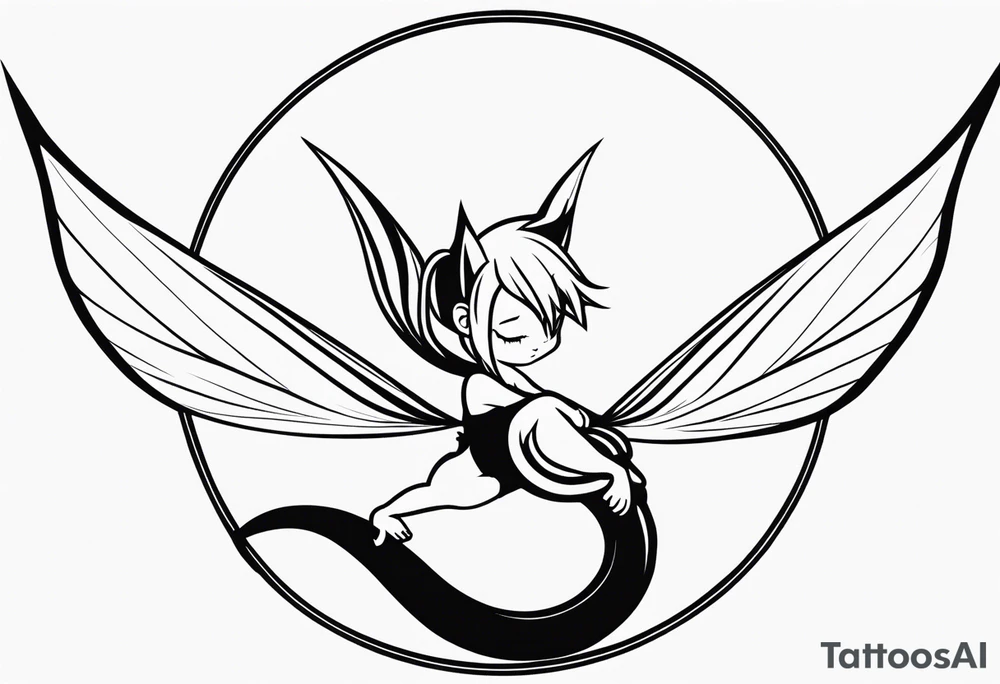 A fairy with a tail inspired by the logo of the show called Fairy Tail in a fetal position leaning in tattoo idea