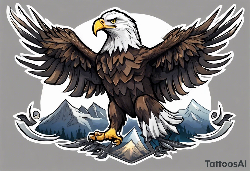Tribute to Father representing a bald eagle with wings spread with mountain scene in the background tattoo idea
