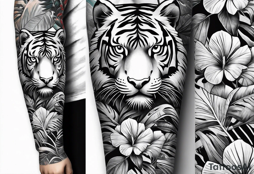 Full tattoo sleeve with minimalist tiger, monstera foliage, beach landscape tattoo idea