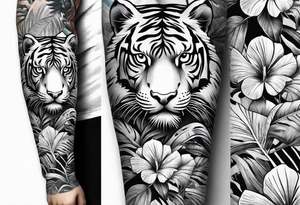 Full tattoo sleeve with minimalist tiger, monstera foliage, beach landscape tattoo idea